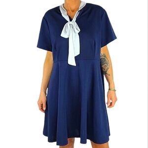 SHEIN Curve Fit And Flare Midi Dress Size 4XL Blue White Neck Tie Short Sleeve